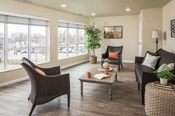A living room with a chair, a sofa, a coffee table, and a potted plant.